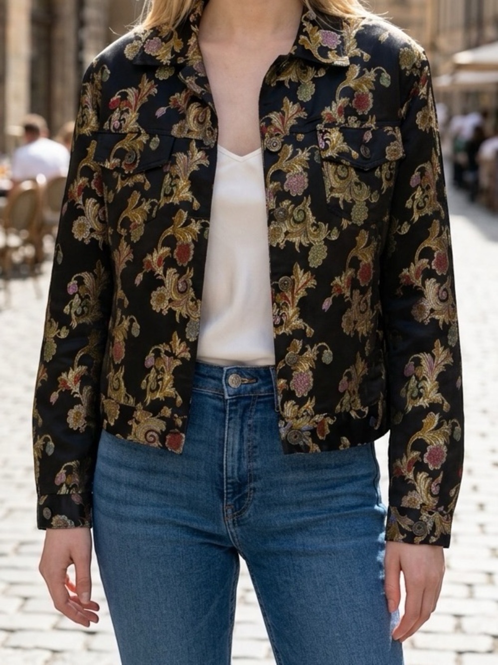 Cropped Black Floral Brocade Jacquard Statement Jacket, Size 6